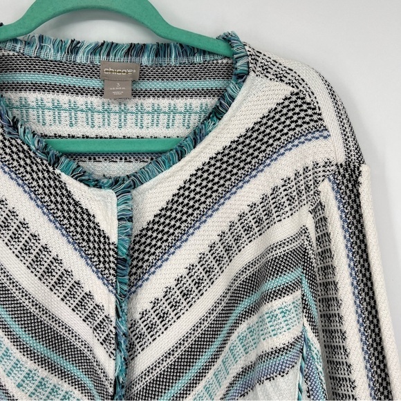 Chico's Structured Multi Stripe Patterned Cardigan Sweater 3/4 Sleeve Roundneck - Picture 1 of 14